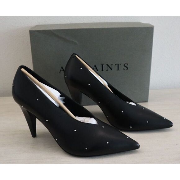 ALLSAINTS 34WF801P Women's Sz 9M Black Adrianna Leather Studded Heels Pumps - Picture 1 of 13
